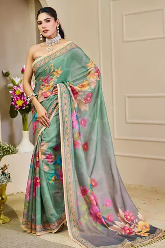 rama cotton blend zari weaving floral digital print festive saree with unstitched blouse piece