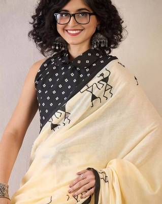 yellow smart linen cotton blend smart warli art printed saree 3