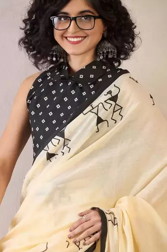 yellow smart linen cotton blend smart warli art printed saree