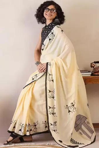 yellow smart linen cotton blend smart warli art printed saree
