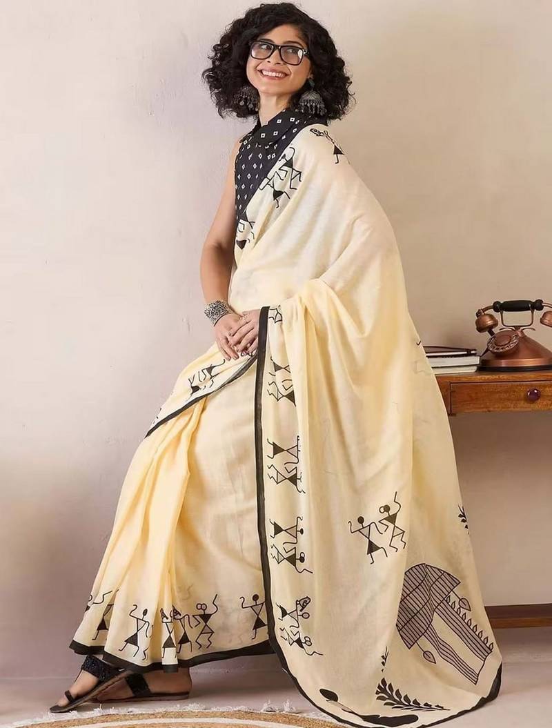 yellow smart linen cotton blend smart warli art printed saree