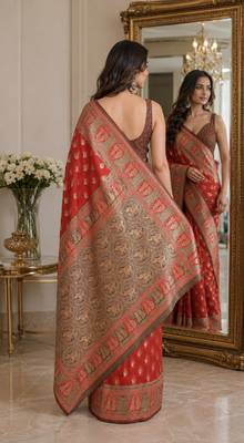 Red soft silk blend banarasi jacuard work festive saree with unstitched blouse piece 3
