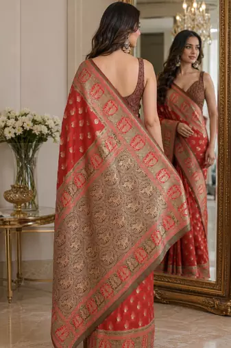 Red soft silk blend banarasi jacuard work festive saree with unstitched blouse piece