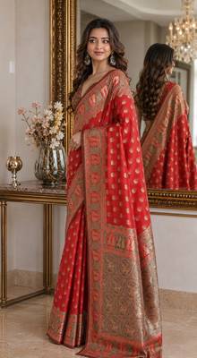 Red soft silk blend banarasi jacuard work festive saree with unstitched blouse piece 4