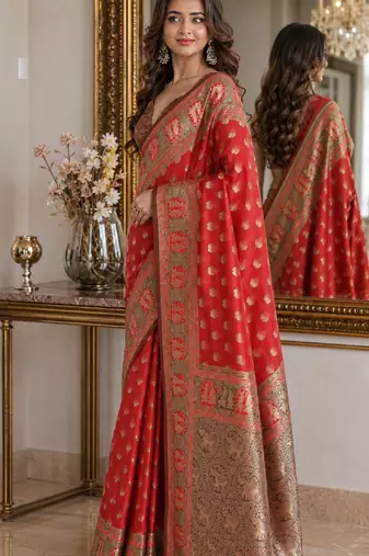 Red soft silk blend banarasi jacuard work festive saree with unstitched blouse piece