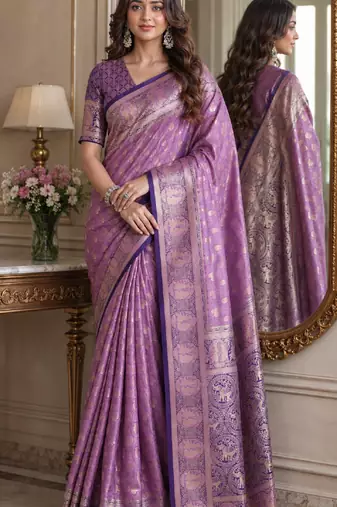 Lavender soft silk blend banarasi jacuard work festive saree with unstitched blouse piece