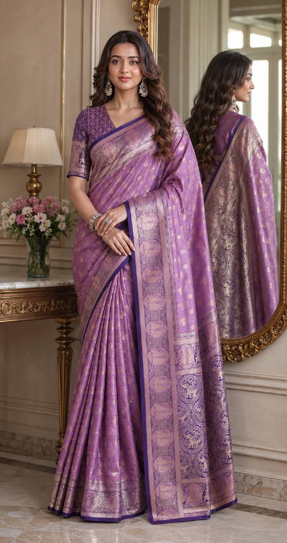 Lavender soft silk blend banarasi jacuard work festive saree with unstitched blouse piece