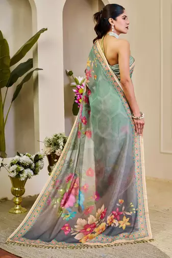 rama cotton blend zari weaving floral digital print festive saree with unstitched blouse piece