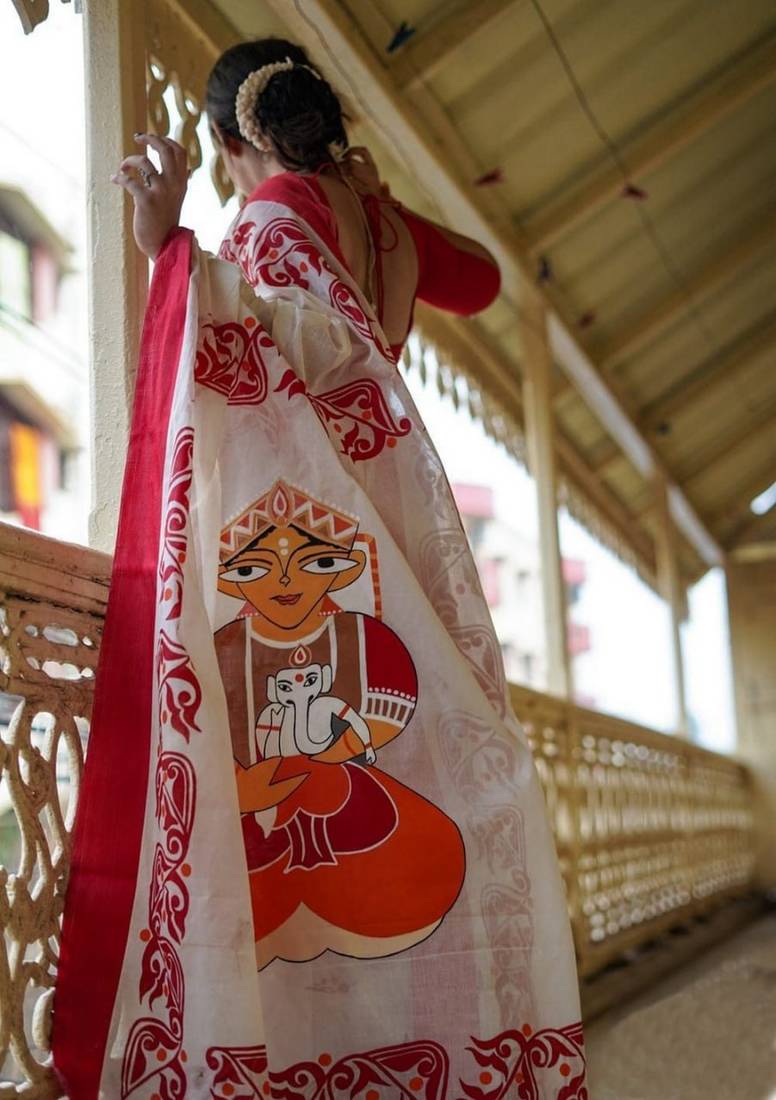 red smart linen cotton blend smart printed saree