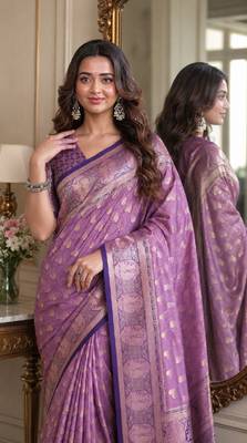 Lavender soft silk blend banarasi jacuard work festive saree with unstitched blouse piece 2