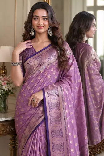 Lavender soft silk blend banarasi jacuard work festive saree with unstitched blouse piece