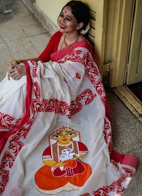 red smart linen cotton blend smart printed saree 3