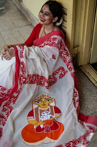 red smart linen cotton blend smart printed saree