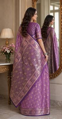 Lavender soft silk blend banarasi jacuard work festive saree with unstitched blouse piece 3