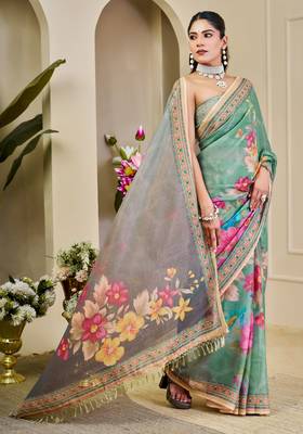 rama cotton blend zari weaving floral digital print festive saree with unstitched blouse piece 4