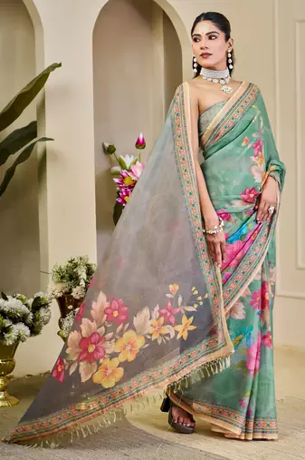rama cotton blend zari weaving floral digital print festive saree with unstitched blouse piece