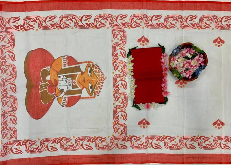 red smart linen cotton blend smart printed saree