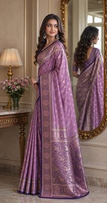 Lavender soft silk blend banarasi jacuard work festive saree with unstitched blouse piece 4