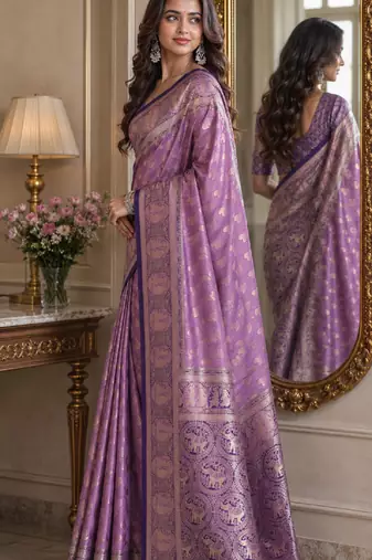 Lavender soft silk blend banarasi jacuard work festive saree with unstitched blouse piece