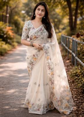 cream smart linen cotton blend smart floral printed saree 1