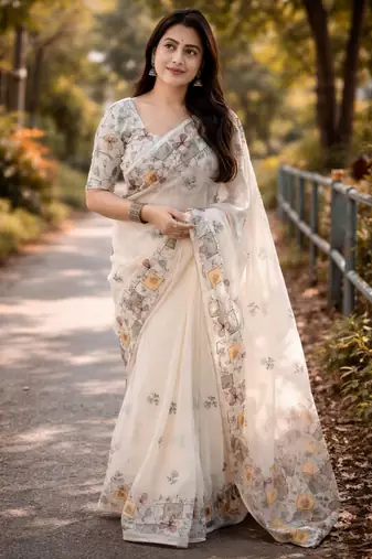 cream smart linen cotton blend smart floral printed saree