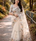 cream smart linen cotton blend smart floral printed saree