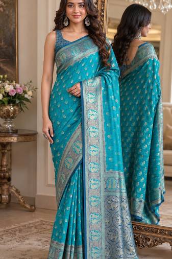 Rama soft silk blend banarasi jacuard work festive saree with unstitched blouse piece