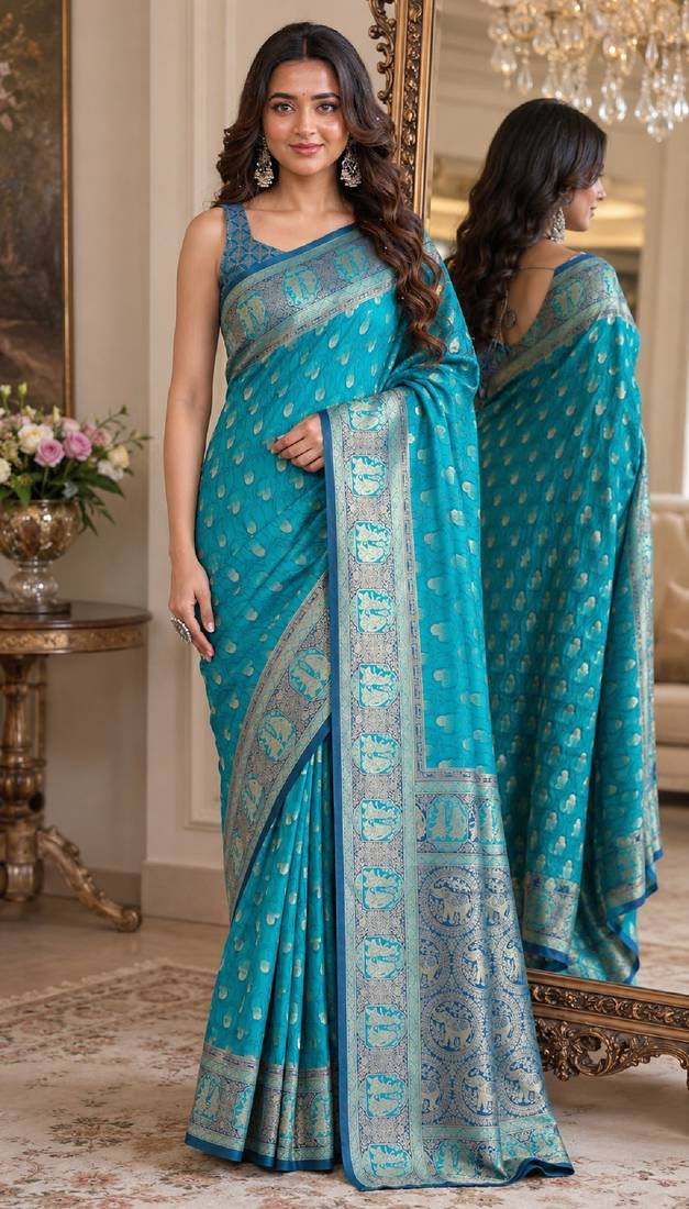Rama soft silk blend banarasi jacuard work festive saree with unstitched blouse piece