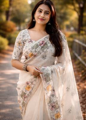 cream smart linen cotton blend smart floral printed saree 2