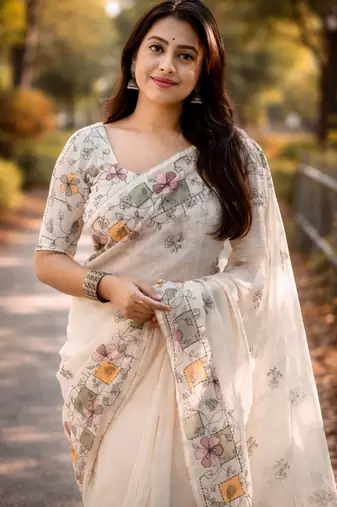 cream smart linen cotton blend smart floral printed saree