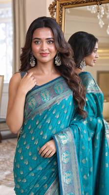 Rama soft silk blend banarasi jacuard work festive saree with unstitched blouse piece 2