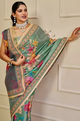 rama cotton blend zari weaving floral digital print festive saree with unstitched blouse piece