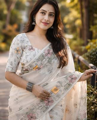 cream smart linen cotton blend smart floral printed saree 3