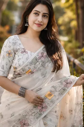 cream smart linen cotton blend smart floral printed saree