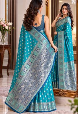Rama soft silk blend banarasi jacuard work festive saree with unstitched blouse piece 3