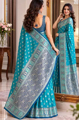 Rama soft silk blend banarasi jacuard work festive saree with unstitched blouse piece