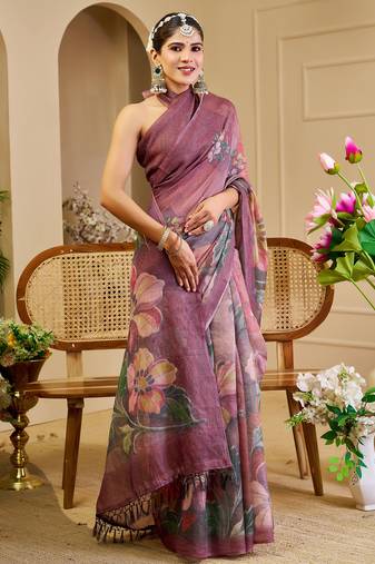 maroon cotton blend zari weaving floral digital print festive saree with unstitched blouse piece