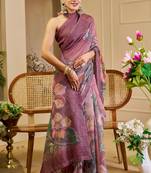 maroon cotton blend zari weaving floral digital print festive saree with unstitched blouse piece