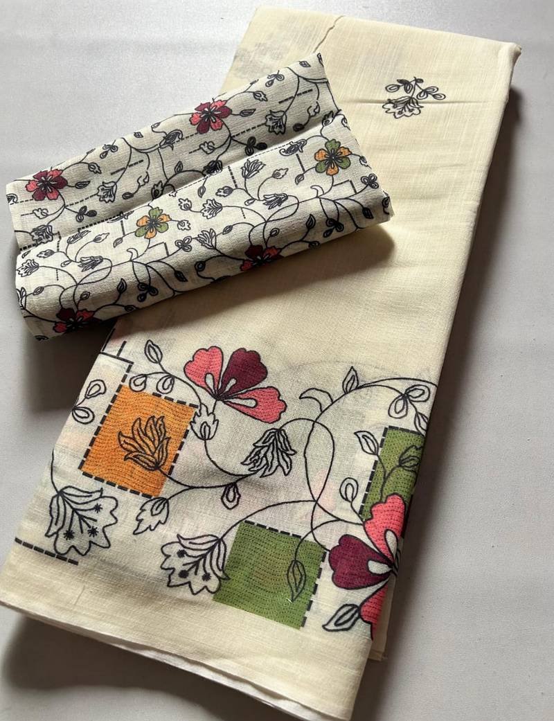 cream smart linen cotton blend smart floral printed saree