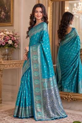 Rama soft silk blend banarasi jacuard work festive saree with unstitched blouse piece 4