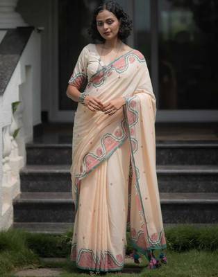 peach smart linen cotton blend smart printed saree 1