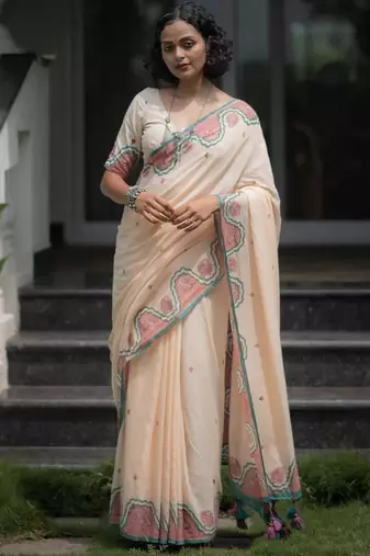 peach smart linen cotton blend smart printed saree