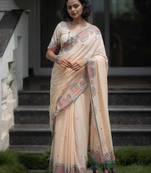 peach smart linen cotton blend smart printed saree