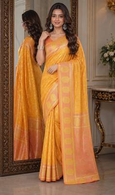 Yellow soft silk blend banarasi jacuard work festive saree with unstitched blouse piece 1