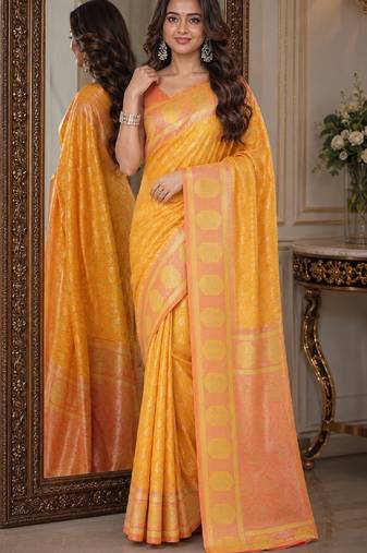 Yellow soft silk blend banarasi jacuard work festive saree with unstitched blouse piece
