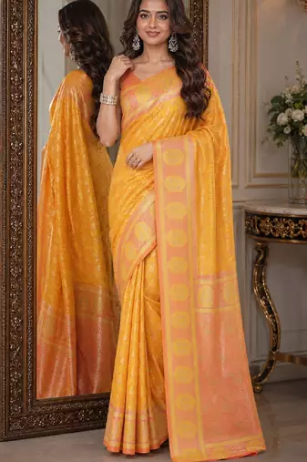 Yellow soft silk blend banarasi jacuard work festive saree with unstitched blouse piece