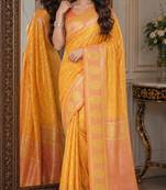 Yellow soft silk blend banarasi jacuard work festive saree with unstitched blouse piece