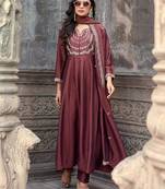 Burgundy embroidered vichitra silk kurta pant dupatta set