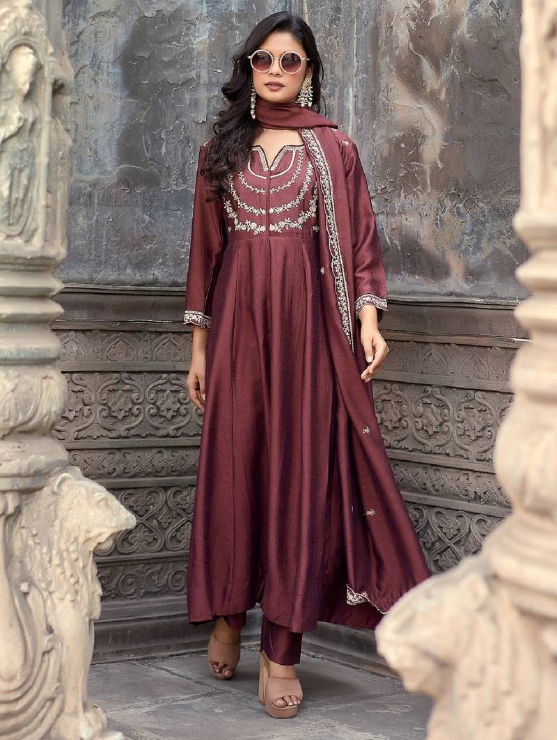 Burgundy embroidered vichitra silk kurta pant dupatta set