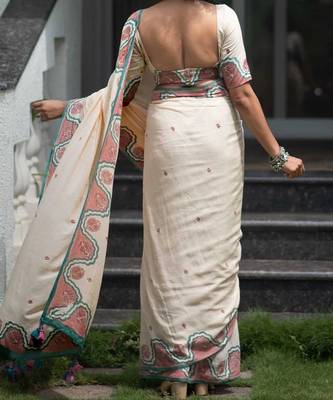 peach smart linen cotton blend smart printed saree 2